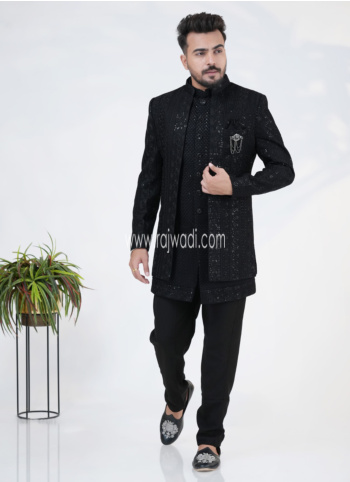 Designer Black Embroidered Indowestern Set For Men