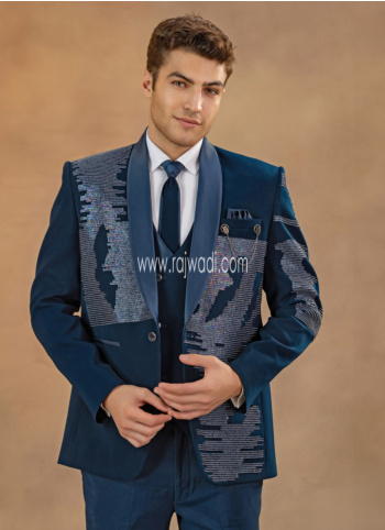 Designer Embroidered Imported Fabric Suit In Steel Blue