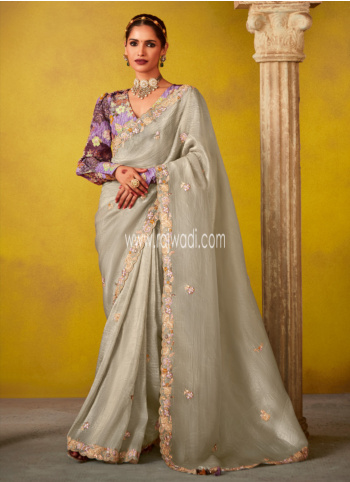 Elegant Grey Embroidered Tissue Silk Saree