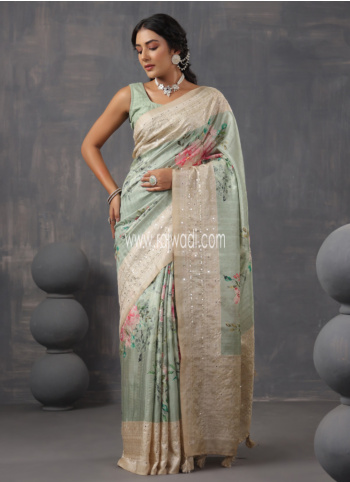 Designer Light Pista Green Raw Silk Saree