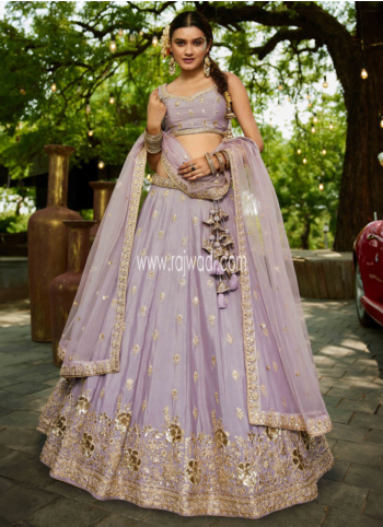 Designer Lilac Wrinkle Chiffon Silk Unstitched Lehenga Choli