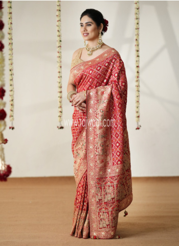 Exquisite Maroon Bandhani Printed Khadi Chiffon Saree