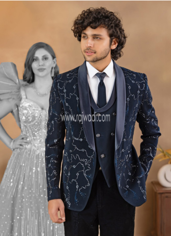 Designer Navy Blue Tuxedo Suit For Men
