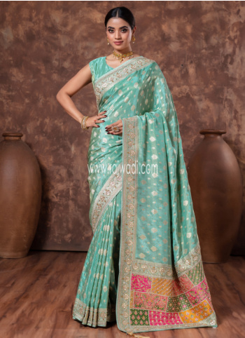 Designer Turquoise Embroidered Weaving Banarasi Silk Saree