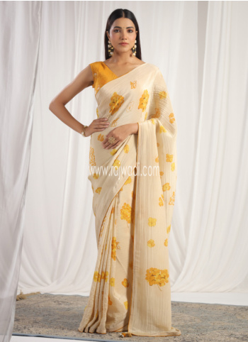 Elegant Cream Floral Printed Festive Wear Saree