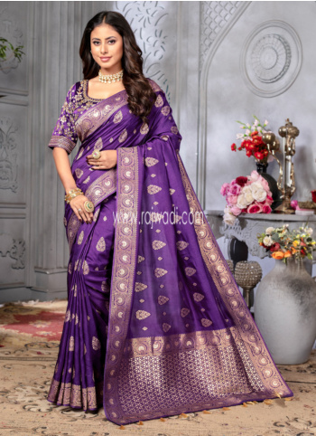 Elegant Dark Violet Zari Woven Silk Saree