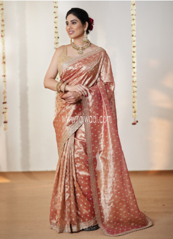Elegant Dusty Rose Pink Embroidered Tissue Fabric Saree