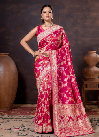 Elegant Fuchsia Woven Banarasi Silk Saree With Embroidery