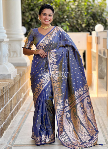 Elegant Light Blue Woven Banarasi Silk Saree