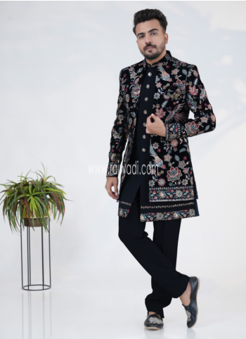 Elegant Navy Blue Velvet Thread Embroidered Jacket Style Indowestern Set