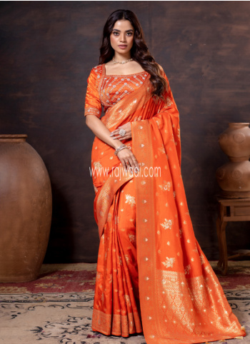 Elegant Orange Woven Banarasi Silk Saree