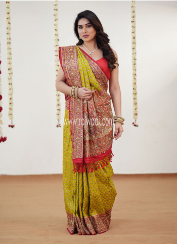 Elegant Parrot Green Embroidered Banarasi Silk Saree