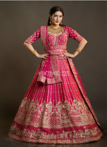 Elegant Deep Pink Embroidered Raw Silk Bridal Lehenga Choli