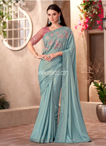 Embroidered Grey Shimmer Silk Saree For Wedding