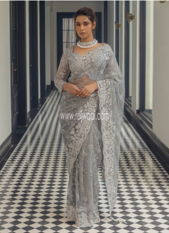 Ethnic Grey Designer Soft Net Embroidered Saree