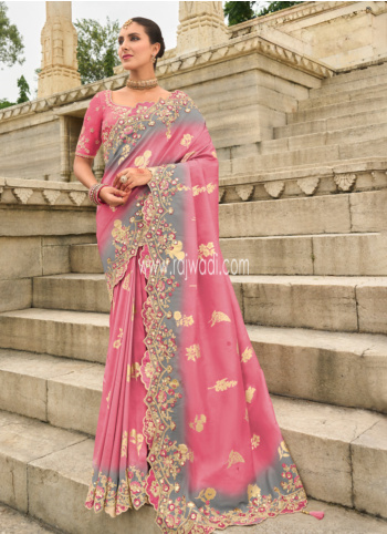 Pink Embroidered Silk Saree