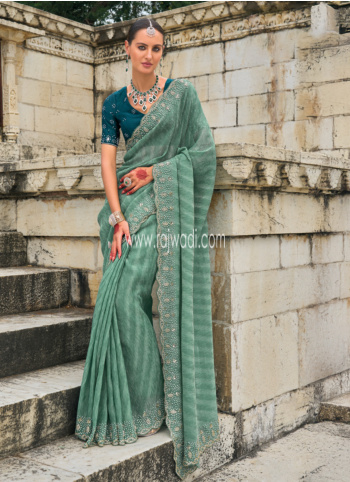 Ethnic Sea Green Designer Crushed Tissue Saree