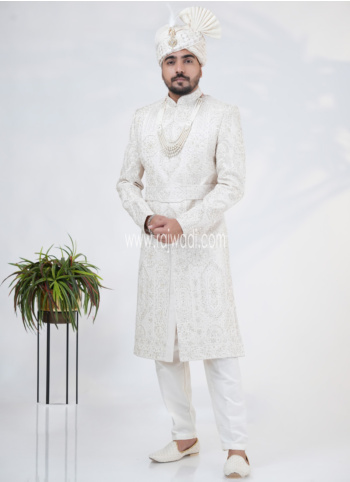 Exquisite Cream Silk Embroidered Sherwani Set
