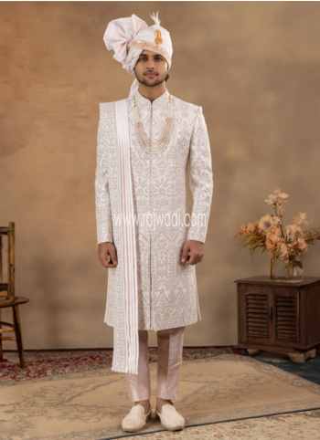 Exquisite Light Pink Silk Embroidered Sherwani Set