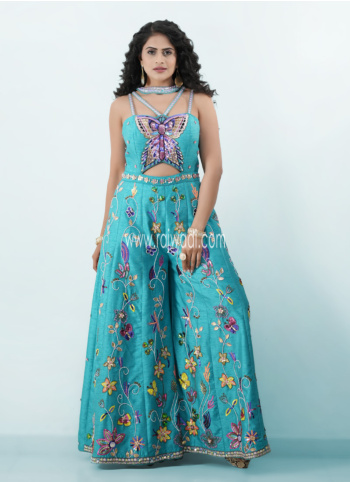Firozi Embroidered Raw Silk Jumpsuit