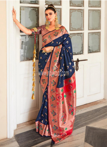 Festive Special Navy Blue Paithani Silk Saree For Women