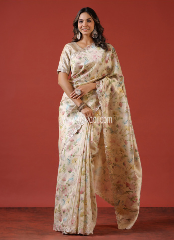 Festive Wear Cream Printed Raw Silk Saree