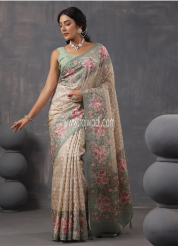 Festive Wear Cream Raw Silk Saree For Women