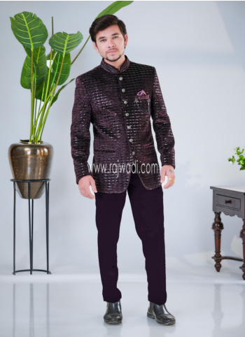 Festive Wear Wine Sequin Embroidered Jodhpuri Suit In Velvet