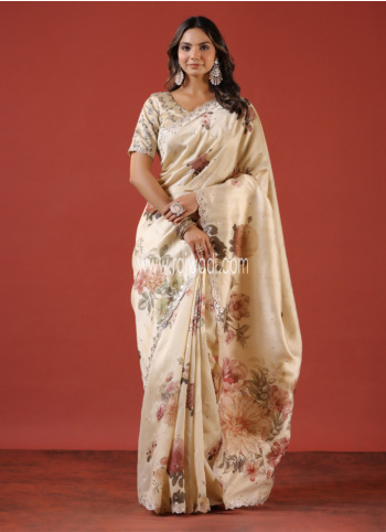 Floral Printed Cream Raw Silk Saree
