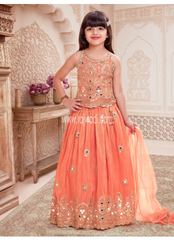 Peach Mirror Embellished Silk Lehenga Choli With Net Dupatta