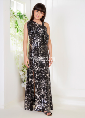 Black Lycra One Shoulder Sequin Gown For Girls