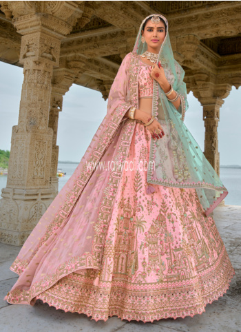 Glamorous Light Pink Embroidered Silk Lehenga Choli With Double Dupatta