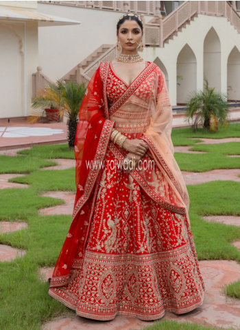 Glamorous Red Embroidered Raw Silk Lehenga Choli With Double Dupatta