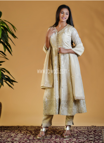 Golden Cream Embroidered Indowestern Suit With Dupatta