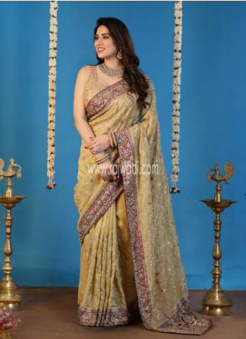 Golden Embroidered Shimmer Chiffon Wedding Saree