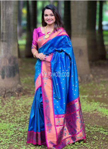 Gorgeous Blue Paithani Silk Saree With Woven Design