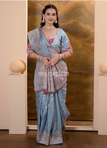 Gorgeous Light Blue Embroidered Silk Saree With Readymade Choli