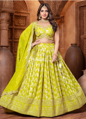 Gorgeous Light Mehndi Green Embroidered Shimmer Silk Lehenga Choli