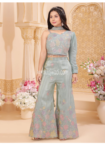 Stylish Light Sea Green Tissue Silk Embroidered Palazzo Indowestern Set