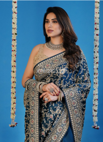 Graceful Dark Peacock Blue Crepe Silk Wedding Saree