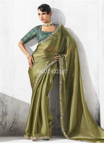 Olive Green Embroidered Tissue Silk Saree