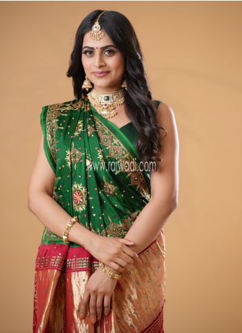 Green &amp; Red Pure Modal Gajji Silk Gharchola Saree