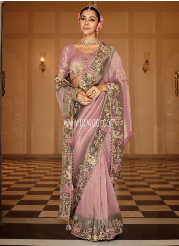 Grey And Onion Pink Embroidered Silk Saree