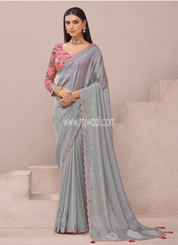 Grey Embroidered Organza Saree