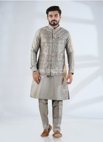Grey Embroidered Silk Nehru Jacket Set