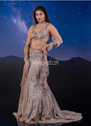 Grey Fish-Cut Trail Lehenga Choli With Delicate Hand Embroidery