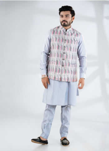 Grey Silk Nehru Jacket Set For Wedding