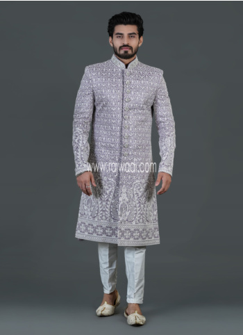Groom Lilac Thread Embroidered Sherwani Set In Silk