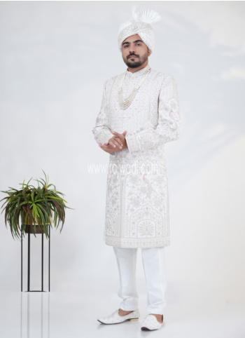 Groom White Embroidered Sherwani Set In Silk