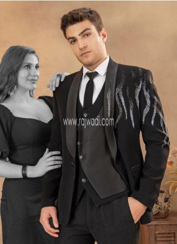 Imported Fabric Black Cutdana Embroidered Suit For Men